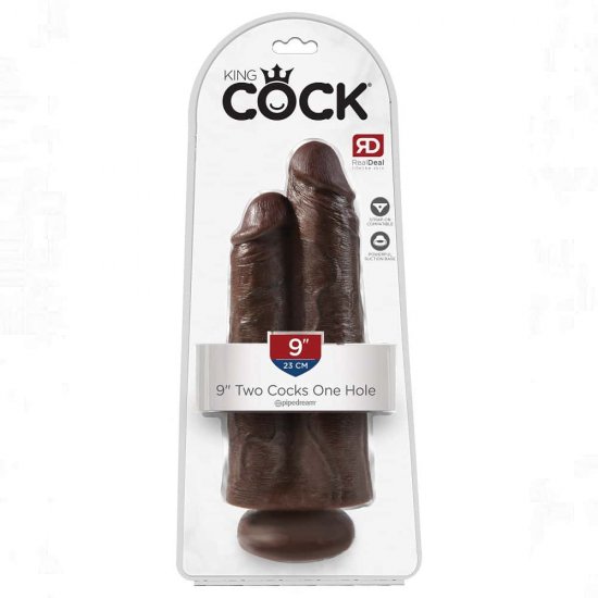 King Cock 9 inch Two Cocks One Hole In Brown