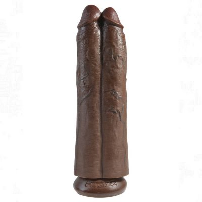 King Cock 9 inch Two Cocks One Hole In Brown