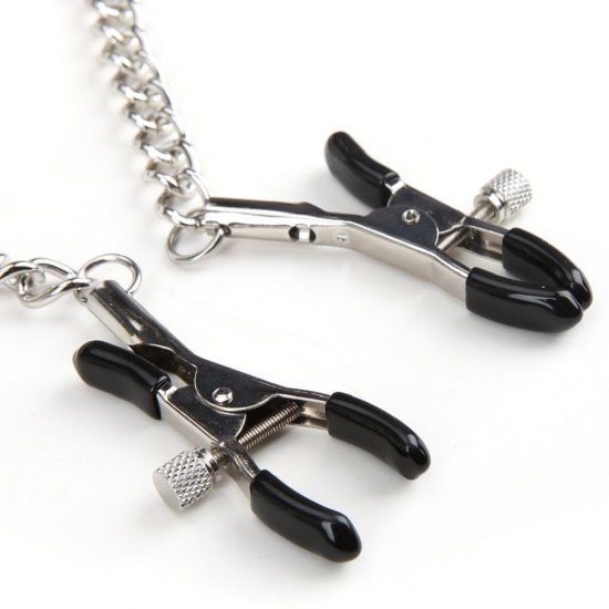 Lux Fetish Collar & Nipple Clamps Set In Black/Silver