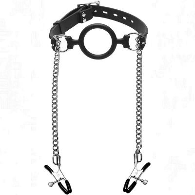 Master Series Mutiny Silicone O-Ring Gag with Nipple Clamps