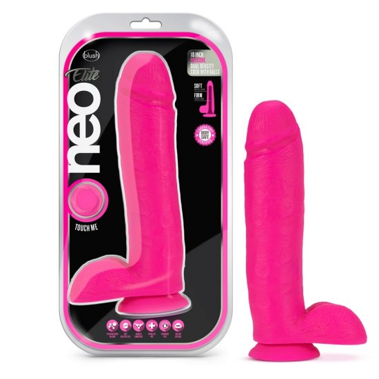 Neo Elite 10" Silicone Dual Density Cock with Balls In Neon Pink