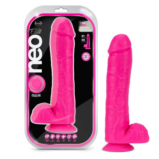 Neo Elite 11" Silicone Dual Density Cock with Balls In Neon Pink
