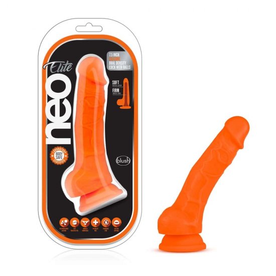 Neo Elite 7.5" Silicone Dual Density Cock with Balls Neon Orange