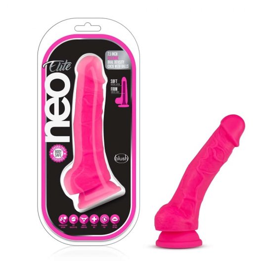 Neo Elite 7.5" Silicone Dual Density Cock with Balls Neon Pink