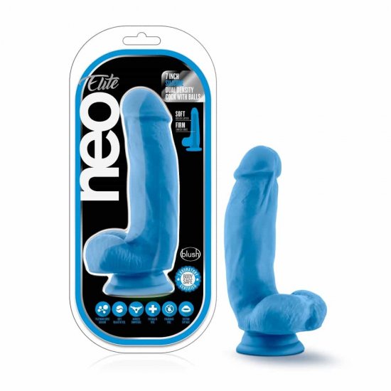 Neo Elite 7" Silicone Dual Density Cock with Balls In Neon Blue
