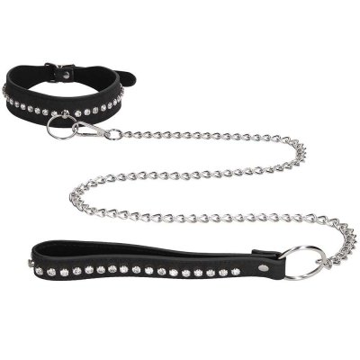 Ouch! Diamond Studded Collar with Leash Set In Black/Silver