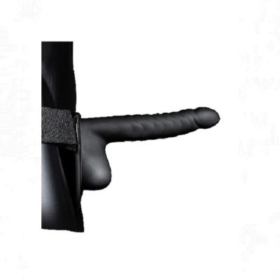 Ouch Ribbed 8 inch Hollow Strap-On With Balls In Black