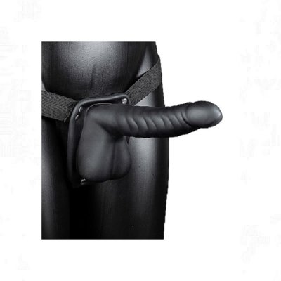 Ouch Ribbed 8 inch Hollow Strap-On With Balls In Black
