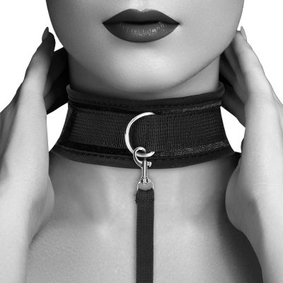 Ouch Velvet & Velcro Adjustable Collar with Leash Set In Black