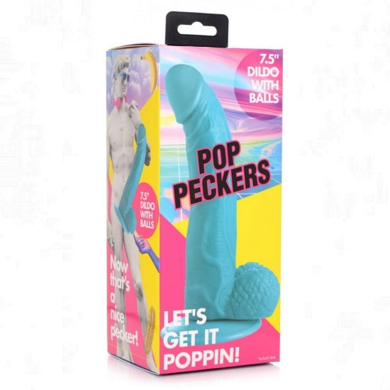 Pop Peckers 7.5 inch Harness Compatible Dildo with Balls In Blue