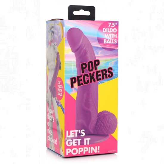 Pop Peckers 7.5" Harness Compatible Dildo with Balls In Purple