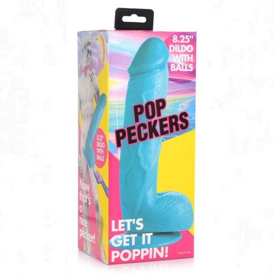 Pop Peckers 8.25" Harness Compatible Dildo with Balls In Blue