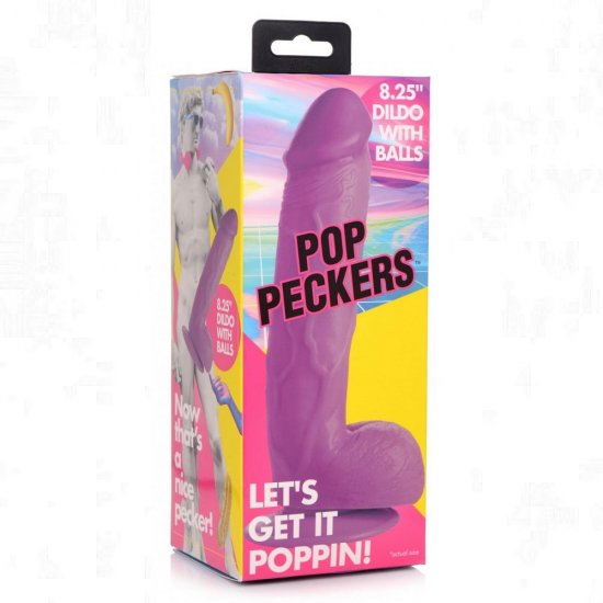 Pop Peckers 8.25" Harness Compatible Dildo with Balls In Purple