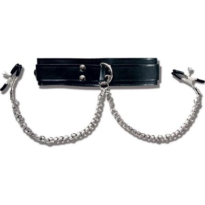 Sportsheets Collar with Nipple Clamps In Black/Silver